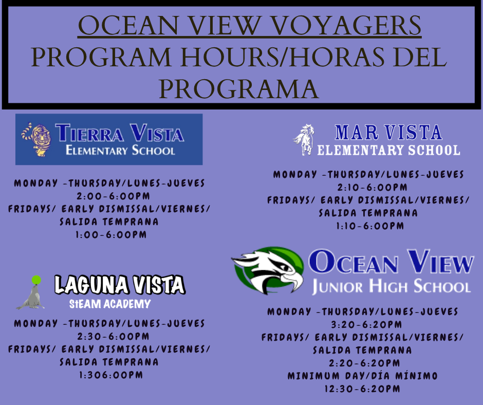School program hours for Tierra Vista, Mar Vista, and Laguna Vista elementary schools, and Ocean View Junior High.